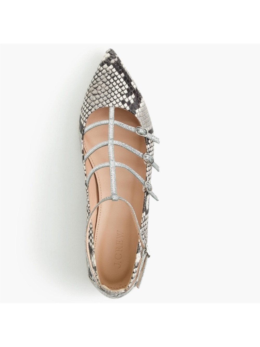 J. Crew Silver Snakeskin-Print Caged Pointed Flats - Picture 2 of 9